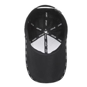 Top view of a black baseball cap featuring an extended brim and inner sport logo print