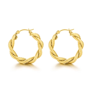 Twisted rope design 18K gold plated stainless steel hoop earrings on a white background
