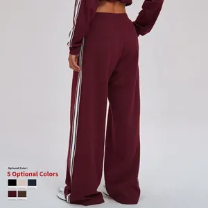 Burgundy wide-leg sweatpants with side white stripes for women outdoor sportswear