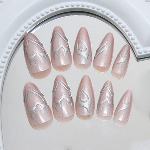 Metallic silver flame press-on nails in almond shape with pink shimmer base 10pcs set