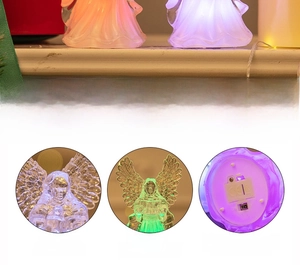 Detailed views of LED angel light features, PVC material, and LR44 battery compartment