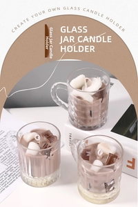 Detail of coffee style scented candle in a ribbed glass jar with handle and foam decoration