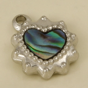 Macro view of heart-shaped 304 stainless steel pendant with iridescent abalone shell inlay