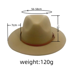 Beige fedora hat size chart showing 56-58cm circumference and 7cm wide flat brim