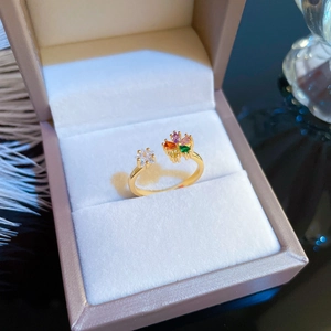 Adjustable gold flower open ring with colorful zircon crystals in a premium gift box