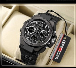 Dettaglio dell'orologio sportivo nero con doppio display e resistenza all'acqua 50M