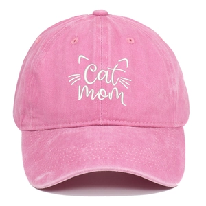 Close-up of Cat Mom white embroidery on pink washed cotton vintage baseball cap