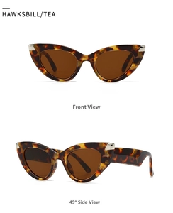 Detailed front and side views of tortoiseshell cat-eye sunglasses with tea lenses