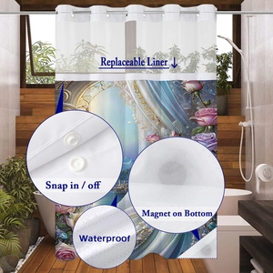 Waterproof waffle shower curtain with floral prints, snap-on liner and magnetic bottom weights