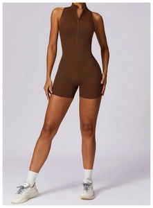 Close-up of brown athletic romper showing high-neck haltered design and front zipper detail