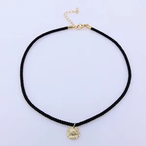 Choker da donna in cordino nero 3mm con ciondolo occhio greco dorato e catena