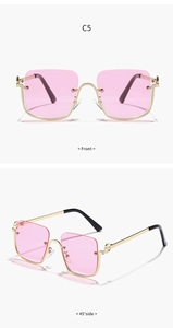 Detailed front and side views of pink gradient semi-rimless square sunglasses with gold frame