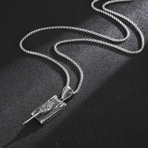 Vintage stainless steel tank pendant necklace with silver box chain for men's trendy style