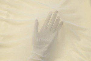 Close-up of beige sheer mesh fabric showing fine texture and transparency details