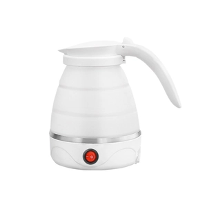 Portable white collapsible electric kettle with silicone body and stainless steel base