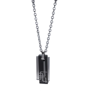 Minimalist men's necklace with dual-tone silver and black rectangular pendant