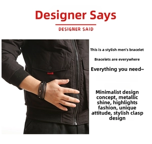 Detail of multi-layer woven black leather bracelet for men with metal studs and clasp
