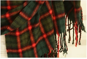Close-up of thick plaid cashmere feel scarf with classic red and green check and fringe