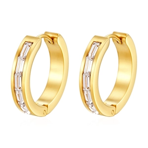 Detailed close-up of gold-plated hoop earrings featuring micro-pave rectangular zircons