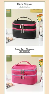 Close-up of double-layer mesh makeup bags with zippers and portable handles