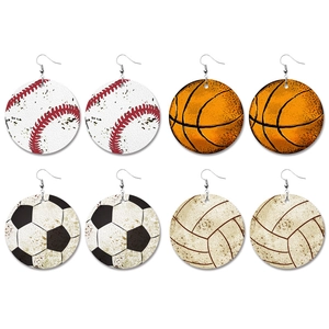 Vintage Distressed Sports Ball Pattern Faux Leather Drop Earrings Baseball Basketball Soccer Volleyball Jewelry For Women