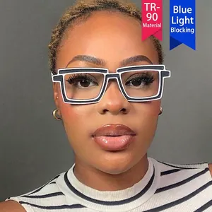 Square TR90 2D cartoon style anti-blue light glasses on model with bold black frames