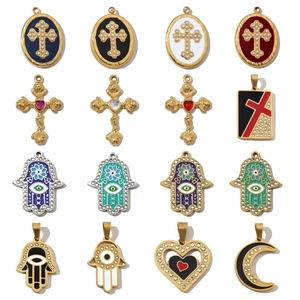 Stainless Steel Pendant Charm Cross Hamsa Hand Evil Eye Heart Moon French Retro Enamel Rhinestone DIY Jewelry Accessories Women