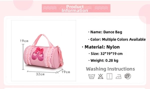 Pink nylon ballet barrel bag detailing lace frills, bow accent, and embroidery