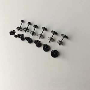 Detailed set of 6 pairs black matte stainless steel round stud earrings in various sizes