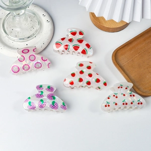 Five-piece fruit print acrylic hair claw clips set featuring strawberry and watermelon designs