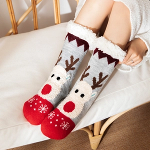 Thick winter Christmas floor socks with elk pattern and plush sherpa fleece lining