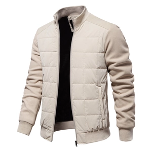 Men's Quilted Jacket Stand Collar Patchwork Knit Sleeves Casual Windproof Zip Up Outerwear