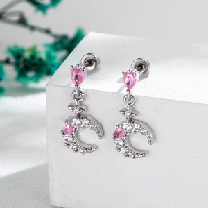 Moon Star Pendant Ear Bone Stud Pink Heart Zircon Copper Titanium Steel Body Piercing Jewelry Vintage For Women
