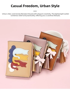 Detail of short PU leather wallets with cartoon cat embroidery and tassel zippers