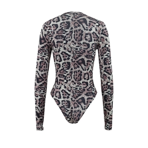 Rear view of sleek leopard print long sleeve bodysuit with brown and black animal pattern