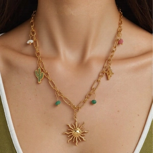 Stainless Steel Necklace With Seahorse Shell Sun Cactus Pendants Bohemian Ocean Style Golden Jewelry For Women