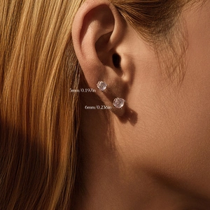 S925 sterling silver light pink gemstone earrings in 5mm and 6mm sizes shown on ear