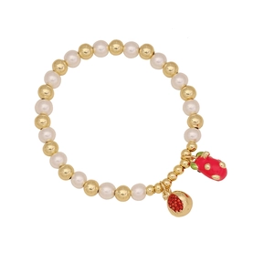 Sweet cherry strawberry pearl bracelet with golden beads and red enamel charms