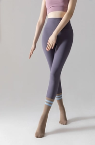 Detail view of cotton yoga five-toe socks with blue stripes and mid-calf length