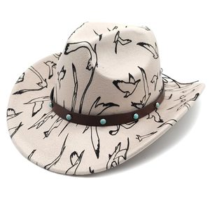 Western cowboy hat in beige with bird print and turquoise studded leather band