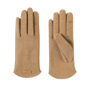 Windproof thermal touchscreen gloves for women in khaki with plush lining and brand label