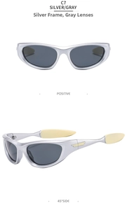 Detailsicht der silbernen Sport-Sonnenbrille mit grauen Gläsern und gelben Bügeln