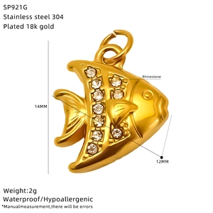 Detail of 18k gold plated 304 stainless steel tropical fish pendant with inlaid rhinestones