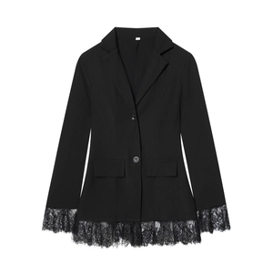 Slim fit black blazer for women featuring elegant lace patchwork and waist-cinching design