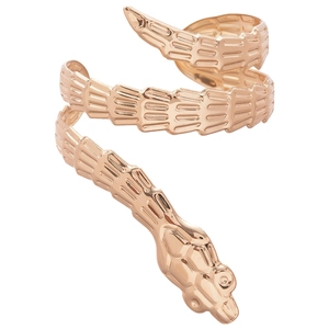Irregular rose gold snake spiral cuff bracelet with detailed scale texture on white background