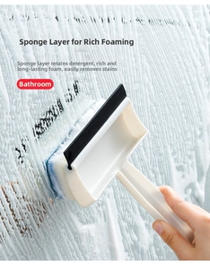 Dual-sided bathroom cleaning brush with sponge layer for rich foam and rubber squeegee