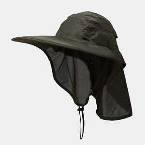 Detail view of large breathable mesh panels and protective neck flap on sun hat