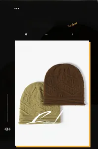 Detail of knit hats in brown and olive green featuring wavy textured hollow crochet patterns