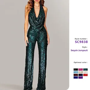Women Halter Deep V Neck Sequin Jumpsuit Sleeveless Backless Wide Leg Long Pant Sparkly Party Evening Clubwear One Piece