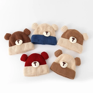 Bonnets en tricot pour bébé ours en cinq coloris avec oreilles 3D et fil épais chaud